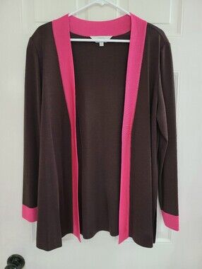 Exclusively Misook Drapy Open Front Cardigan Jacket Size XL Brown Pink Trim Fall
